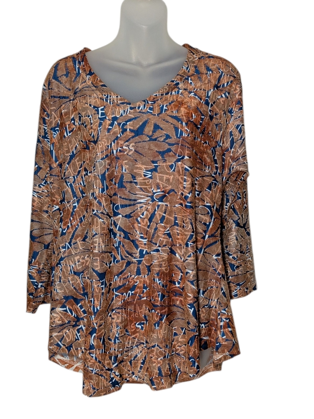 Cubism Large Peace Love Burnout V-Neck 3/4 Sleeve Flowy Tunic Top Art To Wear